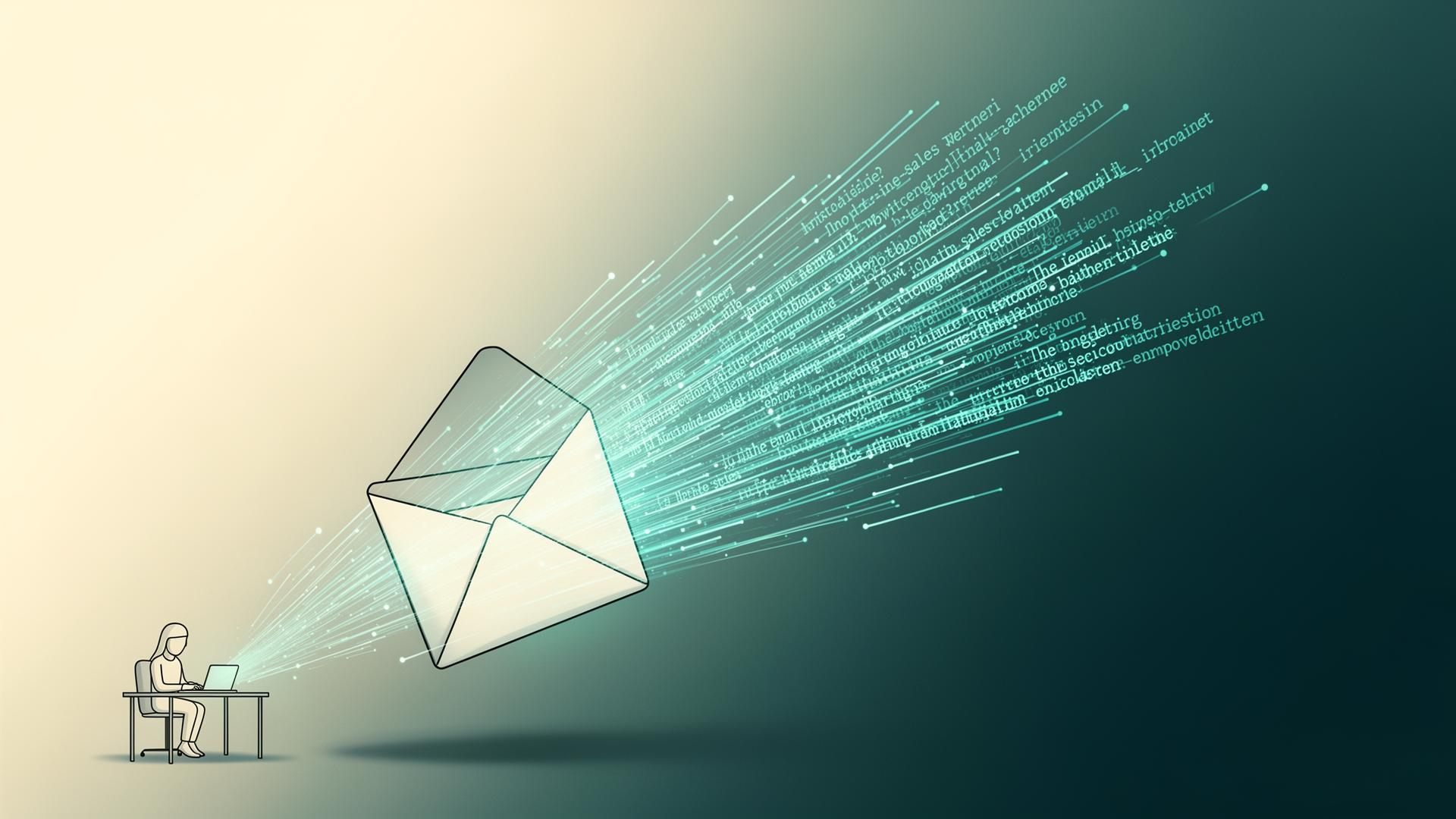 Stylized envelope dissolving into glowing lines of text — automated sales outreach that doesn't sound like a robot.