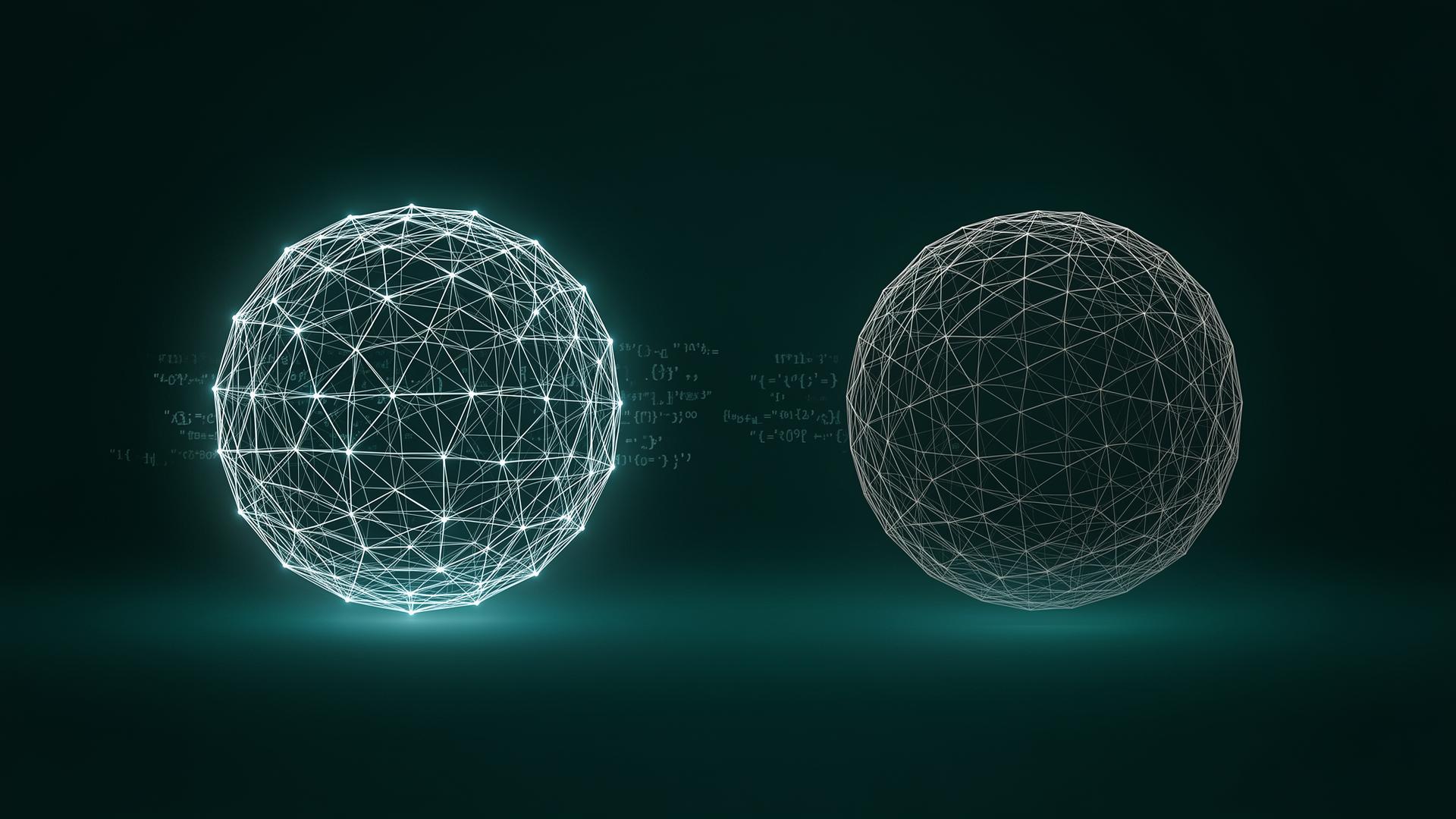 Two abstract glowing orbs facing each other on a dark teal background — DigitalBar platform versus Retell primitive.
