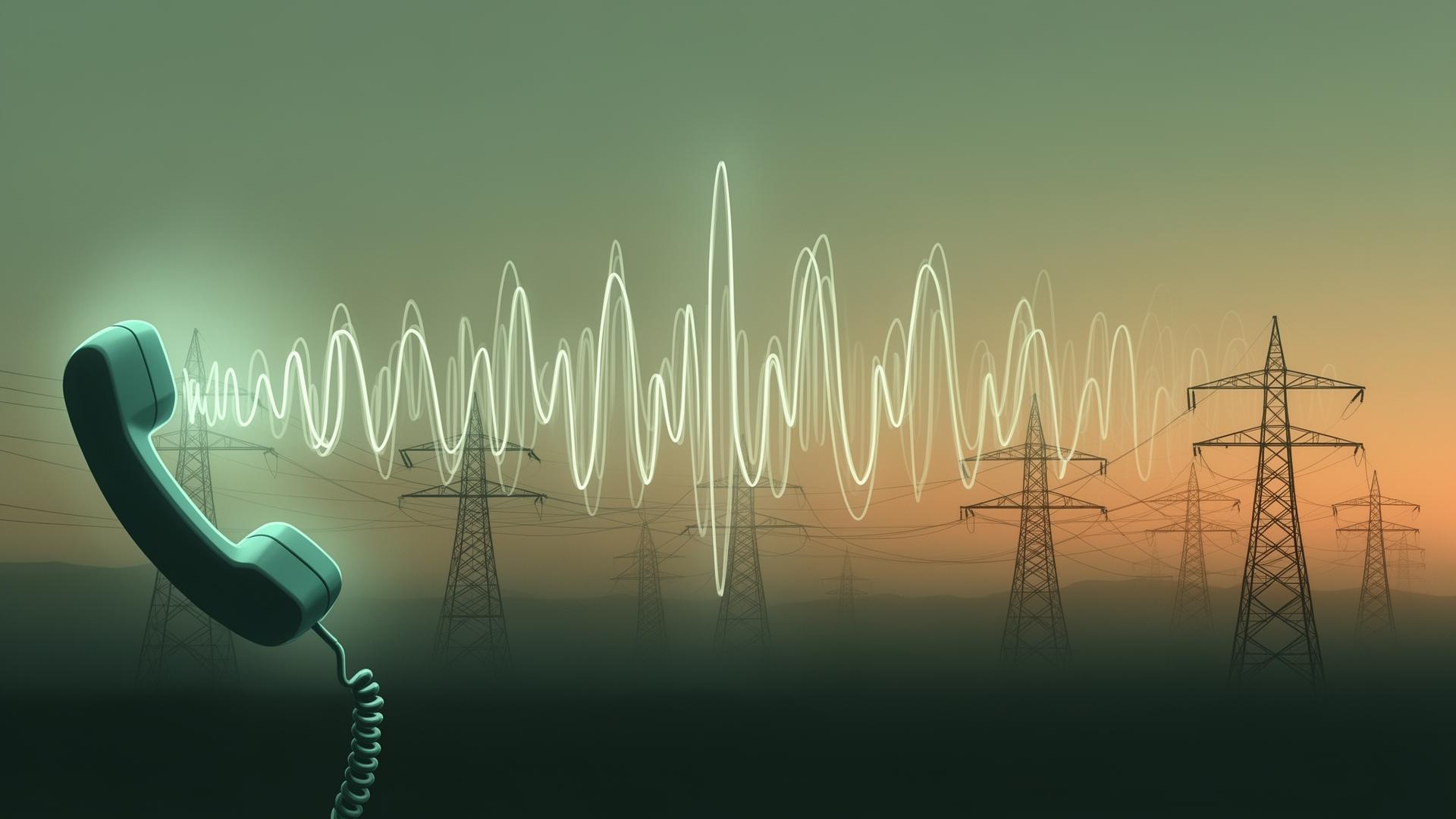Stylized phone handset with sound waves morphing into transmission towers at dusk — AI voice agents for commercial energy.