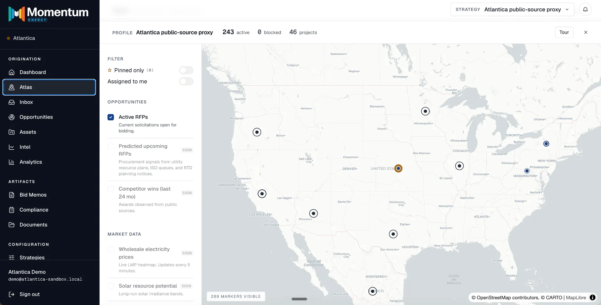 Momentum Atlas map showing active RFP markers across the United States