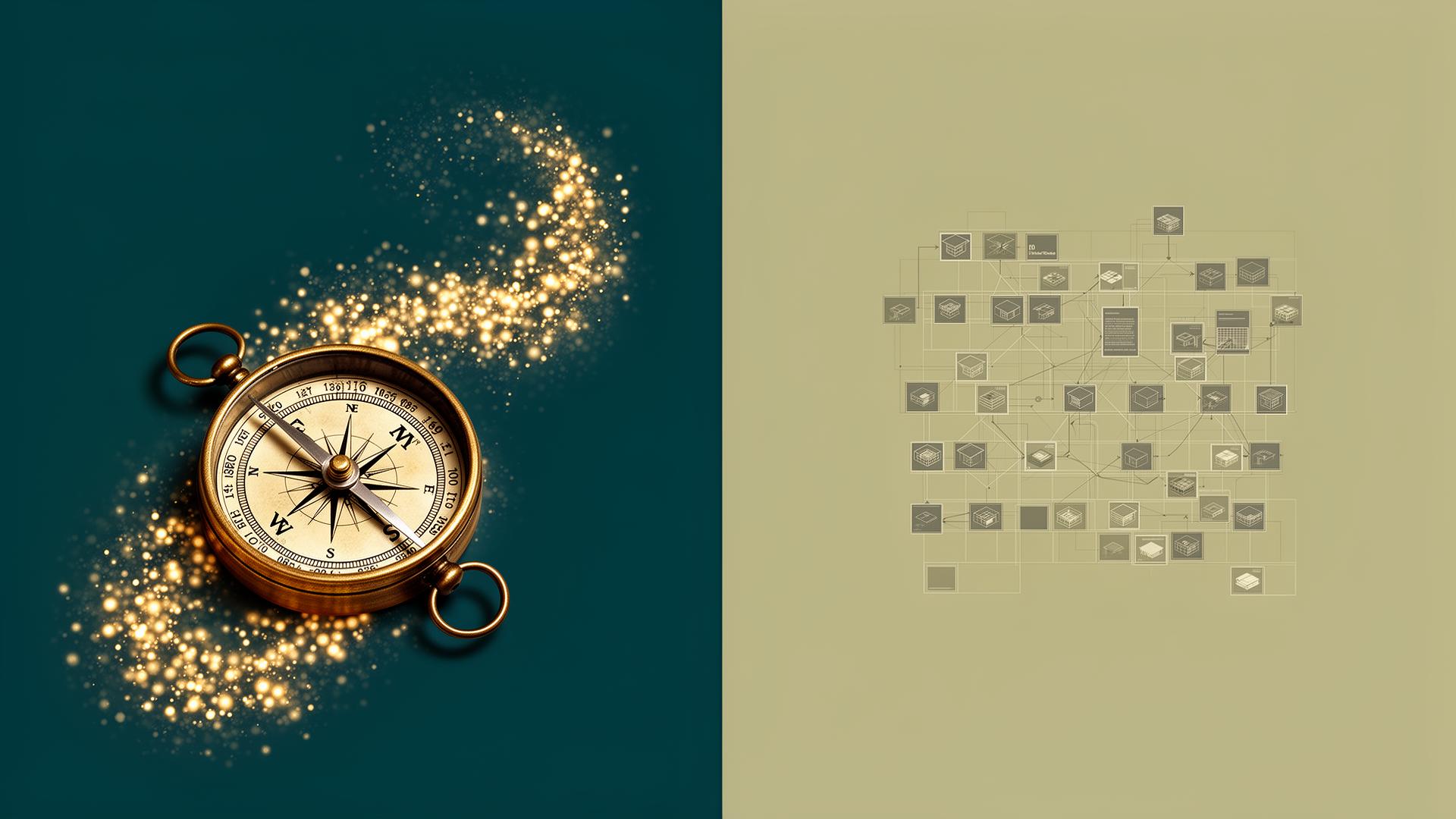 Diptych illustration: brass compass with golden particle trail on left, abstract supplier matrix grid on right — origination versus procurement workflows.