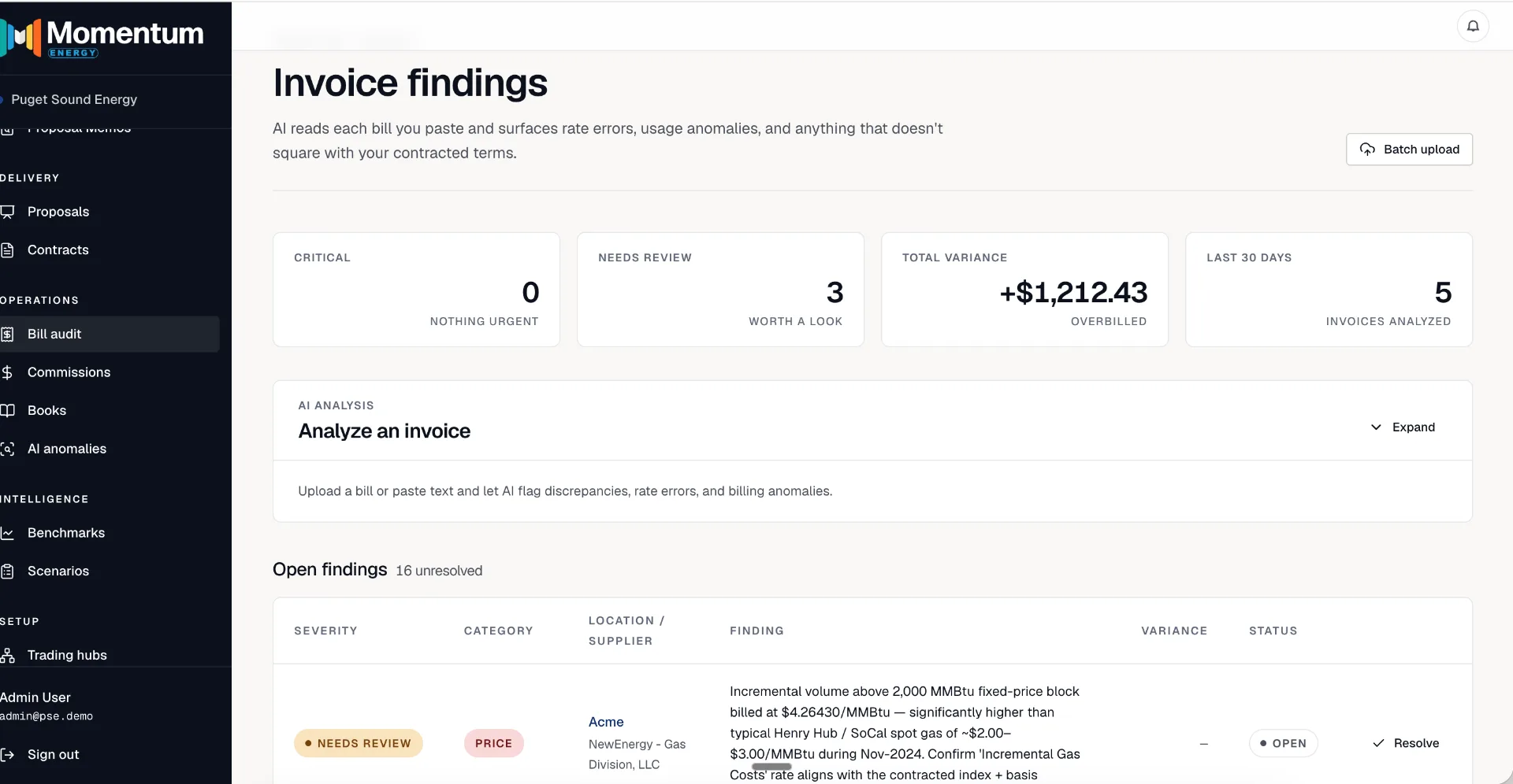 Momentum Invoice findings dashboard with critical, needs-review, and variance metrics